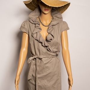 Traditional, tan, ruffled, wrap dress